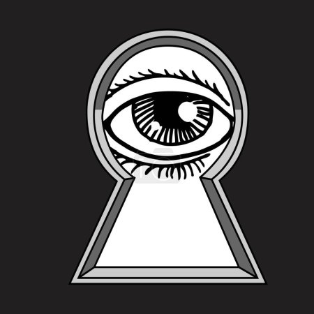 Black Keyhole with eye isolated on black background. The eye looks into the keyhole. Keyhole eye hole. Vector Illustration