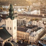 Panorama of Lviv Ukraine. Image of an old Ukrainian city on a sunny day from a bird's eye view. Photos about travel and ancient architecture.