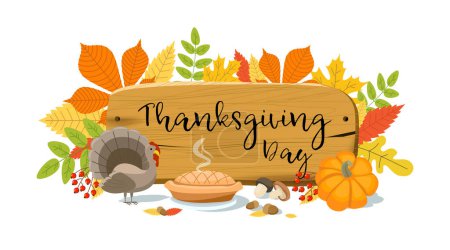 Illustration for Thanksgiving day banner template. Autumn holiday postcard design. Turkey, pumpkin and leaves. Blackboard with the inscription. Vector illustration - Royalty Free Image
