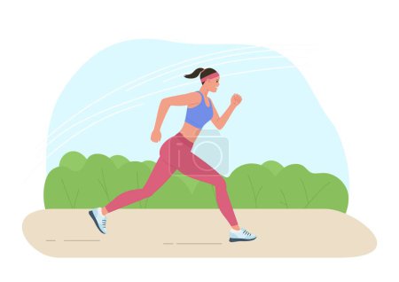 Fitnessmädchen läuft. Gesunder Lebensstil, morgendliches Joggen, Erholung und Ausdauertraining. Vektorillustration