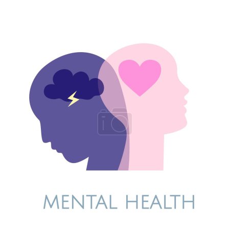 Illustration for Mental health concept. Depression and good mood depicted as silhouettes of 2 heads. Vector illustration - Royalty Free Image