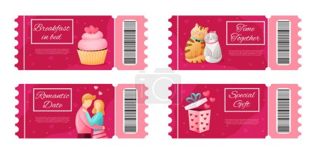 Vector Valentines day coupons for boyfriend. Set of valentin ticket template. Breakfast in bed, romantic date, special gift, time together on pink background