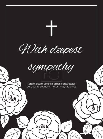 Condolence vector card template. Funeral frame with rose on black background. Sympathy card illustration.