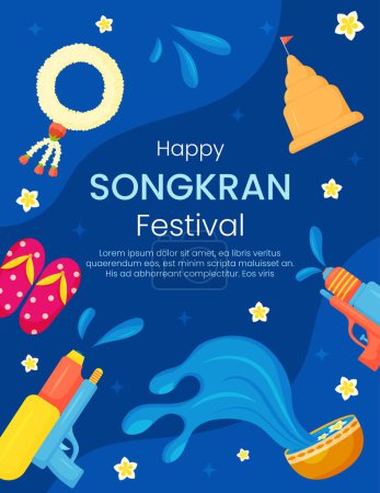 Illustration for Vector Songkran water festival of Thailand greeting card banner. Gold cup, tropical flowers, leaves, water guns, pagoda on blue background. Vertical invitation, flyer, brochure, poster for event - Royalty Free Image