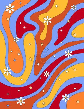 Téléchargez les illustrations : Modèle de couverture psychédélique groovy vectoriel rétro. Affiche surréaliste tendance des années 70. Fond ondulé coloré avec des fleurs. Trippy hippie culture toile de fond. - en licence libre de droit