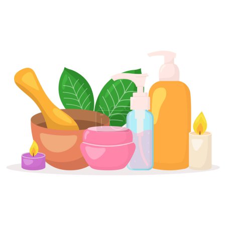 Illustration for Vector beauty spa salon composition. Cosmetics bottles, towels, hot stones, candles isolated on white background. Skincare beauty concept illustration. - Royalty Free Image