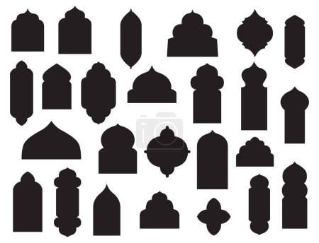 Téléchargez les illustrations : Ensemble vectoriel de forme islamique fenêtre traditionnelle. Collection arabian icône de formes noires isolées sur blanc. Cadres orientaux. - en licence libre de droit