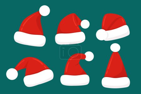 Vector set of Santa hats. Christmas holiday red head wear collection isolated on blue. Traditional season celebration decoration. Flat style.