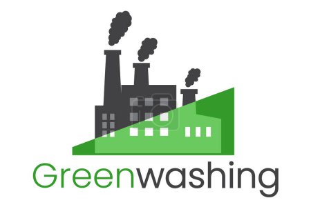 Illustration for The concept of greenwashing, disinformation of corporations, green marketing, non-transparent way, environmental responsibility, environmental pollution. Factory icon with smoke on white background. - Royalty Free Image