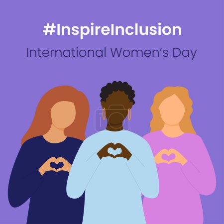 Téléchargez les illustrations : Inspirez le slogan de l'inclusion Journée internationale de la femme 8 mars 2024. Iwd campagne mondiale. Caractères vectoriels féminins sur fond violet - en licence libre de droit