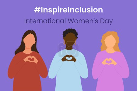 Téléchargez les illustrations : Inspirez le slogan de l'inclusion Journée internationale de la femme 8 mars 2024. Iwd campagne mondiale. Caractères vectoriels féminins sur fond violet - en licence libre de droit