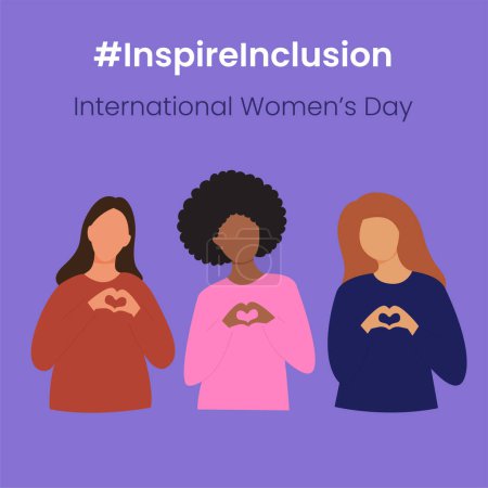 Téléchargez les illustrations : Inspirez le slogan de l'inclusion Journée internationale de la femme 8 mars 2024. Iwd campagne mondiale. Caractères vectoriels des femmes sur fond violet - en licence libre de droit
