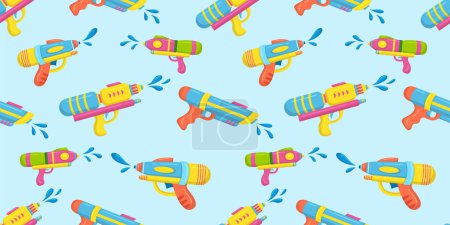 Pistola de agua de juguete de plástico vectorial para niños sobre fondo azul patrón sin costuras. Papel pintado para niños. Textil, tela, envoltura. Banner del festival Songkran.