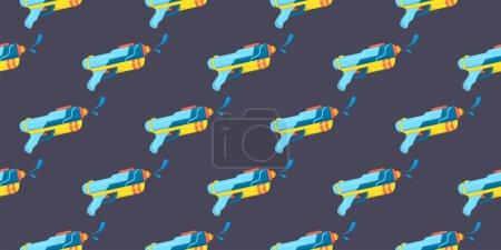Vector plastic childrens toy water gun on blue background seamless pattern. Kids wallpaper print. Textile, fabric, wrapping. Songkran festival banner.