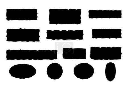 Illustration for Vector black jagged paper rectangle and rounded shapes set isolated on white. Rough torn edge frames collection sticker piece, shred strip, grunge border, text box shapes. - Royalty Free Image