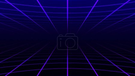 Téléchargez les photos : Abstrait rétro synthwave grille boucle animation arrière-plan rendu 3d. Conception de mouvement de grille en boucle avec des particules s'éloignant de l'écran. 3d rendu - en image libre de droit