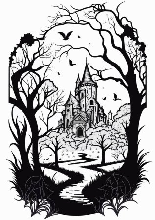 Ilustración de Antiguo castillo medieval, y en primer plano viejos árboles marchitos. Hermoso palacio. Paisaje de Halloween con un castillo. Ilustración vectorial en blanco y negro - Imagen libre de derechos
