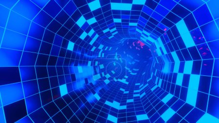 Im Neon-Schein durch die bunten Spiegelstrukturen des Tunnels fliegen. Science-Fiction-Flug durch Konstruktionskomplexität. Neonglühen. Vektorillustration