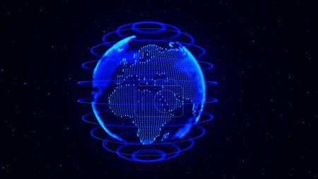 Weltkarte Punkt und Linienkomposition Konzept. Blauer Punkt Weltkugel Europa und Afrika. Globale Netzwerkverbindung und Datenverbindungskonzept. Element Erde. 3D-Vektordarstellung.