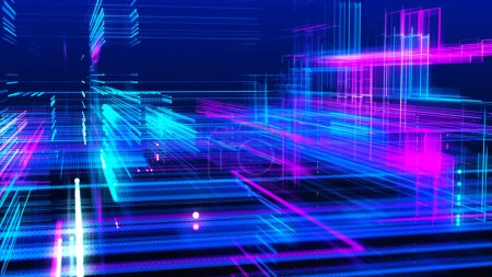 Abstract techno background. Three-dimensional composition of intersecting multi-colored grids. Information technology concept. Digital cyberspace with particles. 3d vector illustration.