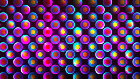 Rainbow illusion of neon circles in rows in a dark space, abstract futuristic background. Background of neon circles in rainbow colors. Abstract festive background for advertising, congratulations. Vector.
