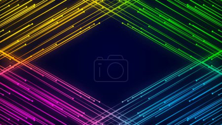 Diagonal rays of light. Glowing stripes on a dark background. Colored diagonal lines on a dark background. Colorful light paths with movement effect. vector illustration