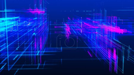 Abstract techno background. Three-dimensional composition of intersecting multi-colored grids. Information technology concept. Digital cyberspace with particles. 3d vector illustration.
