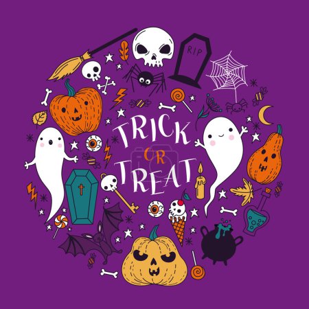 Téléchargez les illustrations : Vector Joyeux Halloween carte de vœux. Trick or treat, objets Halloween. - en licence libre de droit