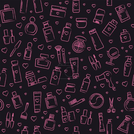 Illustration for Seamless pattern with cosmetics, perfume, mirror, lipstick, mascara. - Royalty Free Image