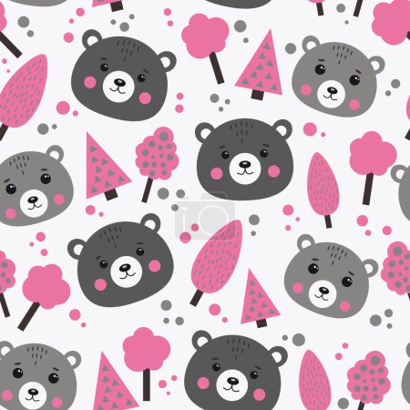 Ilustración de Patrón sin costuras con osos y árboles en color rosa y gris. - Imagen libre de derechos