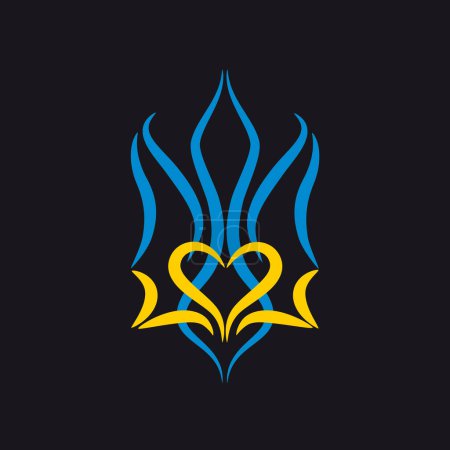 Ilustración de Escudo de armas estilizado de Ucrania en colores nacionales sobre un fondo negro. Hermoso escudo de armas de Ucrania para la camiseta, tatuaje, pegatinas. - Imagen libre de derechos