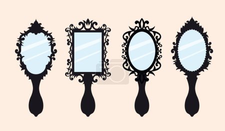 Conjunto vectorial de espejos de mano en un hermoso marco ornamental. Espejo retro de estilo gótico.
