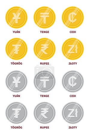 Vector gold and silver coins with money signs. World currency signs. yuan, tenge, cedi, tongog, rupee, zloty