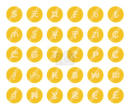 Conjunto de monedas con signos de moneda. Denominaciones universales de monedas mundiales