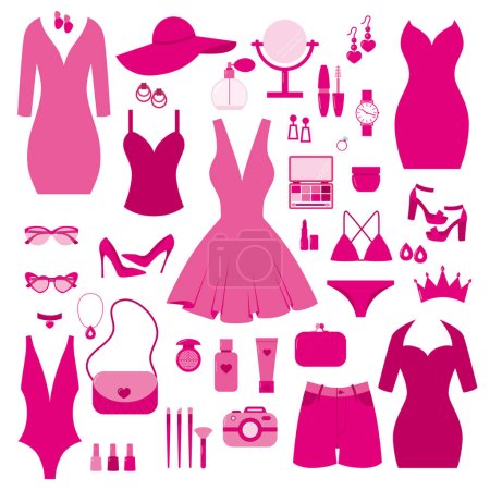 Téléchargez les illustrations : Ensemble vectoriel d'accessoires roses pour filles. Vêtements et cosmétiques roses. - en licence libre de droit