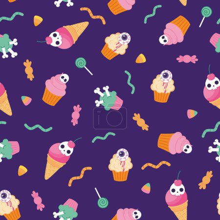 Illustration for Seamless vector pattern for Halloween with sweets. Background with sweets for wrapping paper, fabric. - Royalty Free Image