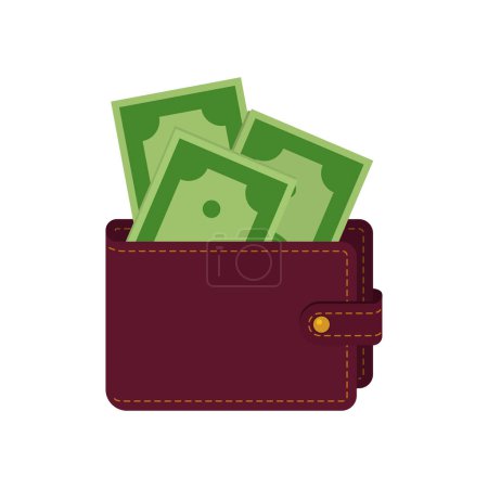 Téléchargez les illustrations : Portefeuille avec de l'argent dans un style plat. icône portefeuille avec de l'argent. - en licence libre de droit
