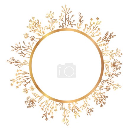 Illustration for Round vector frame with plants. Golden frame with floral ornaments. Frame for monogram, greeting, invitation. - Royalty Free Image