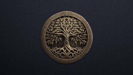 Photo for Tree of Life on dark blue leather background, desktop wallpaper. Created using generative AI tools and Adobe Photoshop. - Royalty Free Image