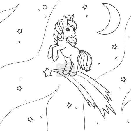 Téléchargez les illustrations : La licorne posée sur l'étoile tombante avec le ciel étoilé. Livre à colorier. Illustration vectorielle isolée sur fond blanc - en licence libre de droit