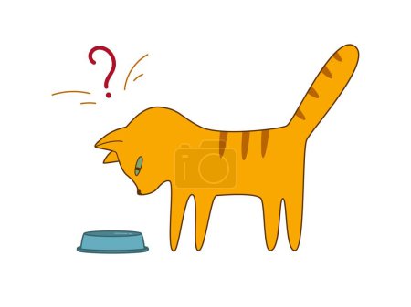Téléchargez les illustrations : Drôle de dessin animé chat rouge regarde dans un bol vide. Illustration vectorielle isolée sur fond blanc - en licence libre de droit
