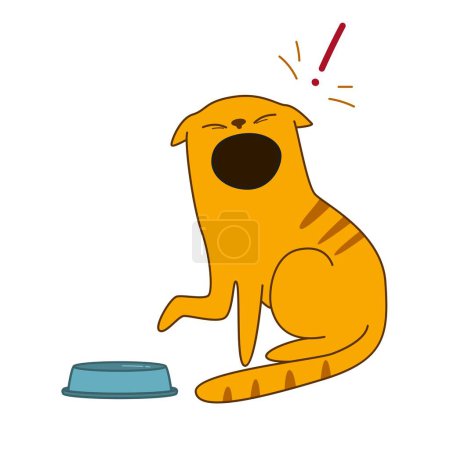 Ilustración de Divertida caricatura gato rojo pedir comida. Gato furioso con tazón vacío. Ilustración vectorial aislada sobre fondo blanco - Imagen libre de derechos