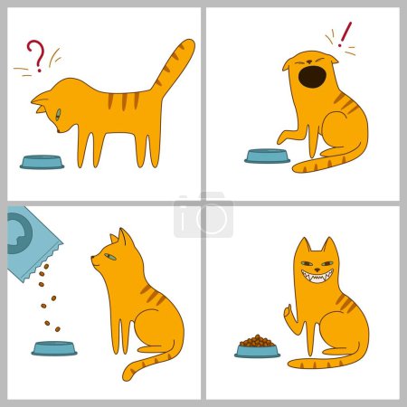 Téléchargez les illustrations : BD sur les chats affamés. Le chat voit un bol vide, demande à manger, on lui verse de la nourriture et il devient très heureux. Illustration vectorielle - en licence libre de droit