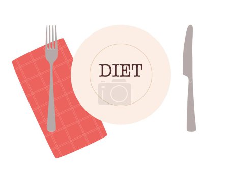 Illustration for Plate with a text DIET, fork, knife and a red napkin. Vector illustration isolated on a white background - Royalty Free Image