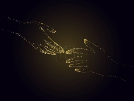 Illustration for Two hands are drawn to each other. Glowing warm silhouettes on a dark background. Vector illustration - Royalty Free Image