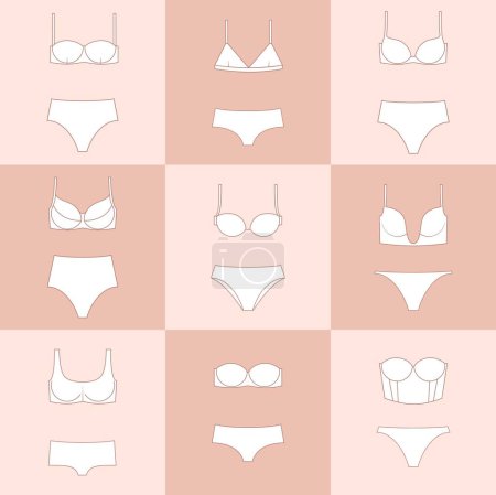 Illustration for Types of women's panties  and bras. Underwear set. Vector illustration - Royalty Free Image