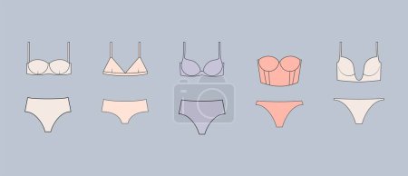 Illustration for Types of women's panties  and bras. Underwear set. Vector illustration - Royalty Free Image