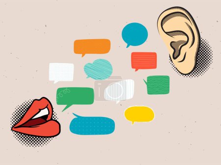 Ilustración de Concepto de comunicación - labios y oído. Hablando y escuchando. Ilustración vectorial - Imagen libre de derechos