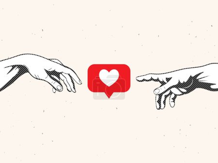 Illustration for Adam and God hands with a like symbol in a modern collage style. Human and heart sign. Vector illustration - Royalty Free Image