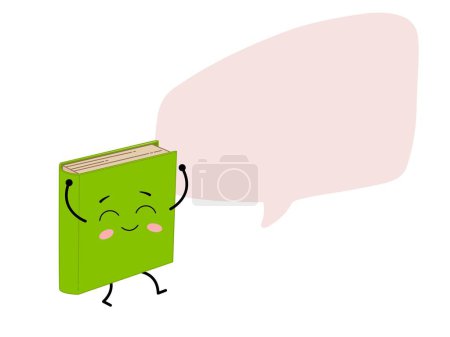 Ilustración de Lindo libro kawaii con una gran burbuja de discurso. Caricatura personaje portátil verde con un lugar para el texto. Ilustración vectorial aislada sobre fondo blanco - Imagen libre de derechos